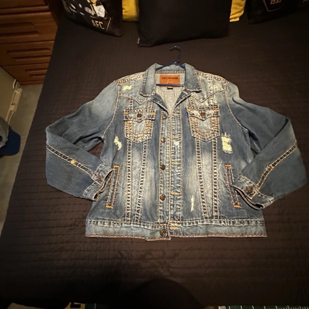 Vintage True Religion Denim Trucker Distressed Jacket Grunge Sz 3XL RARE